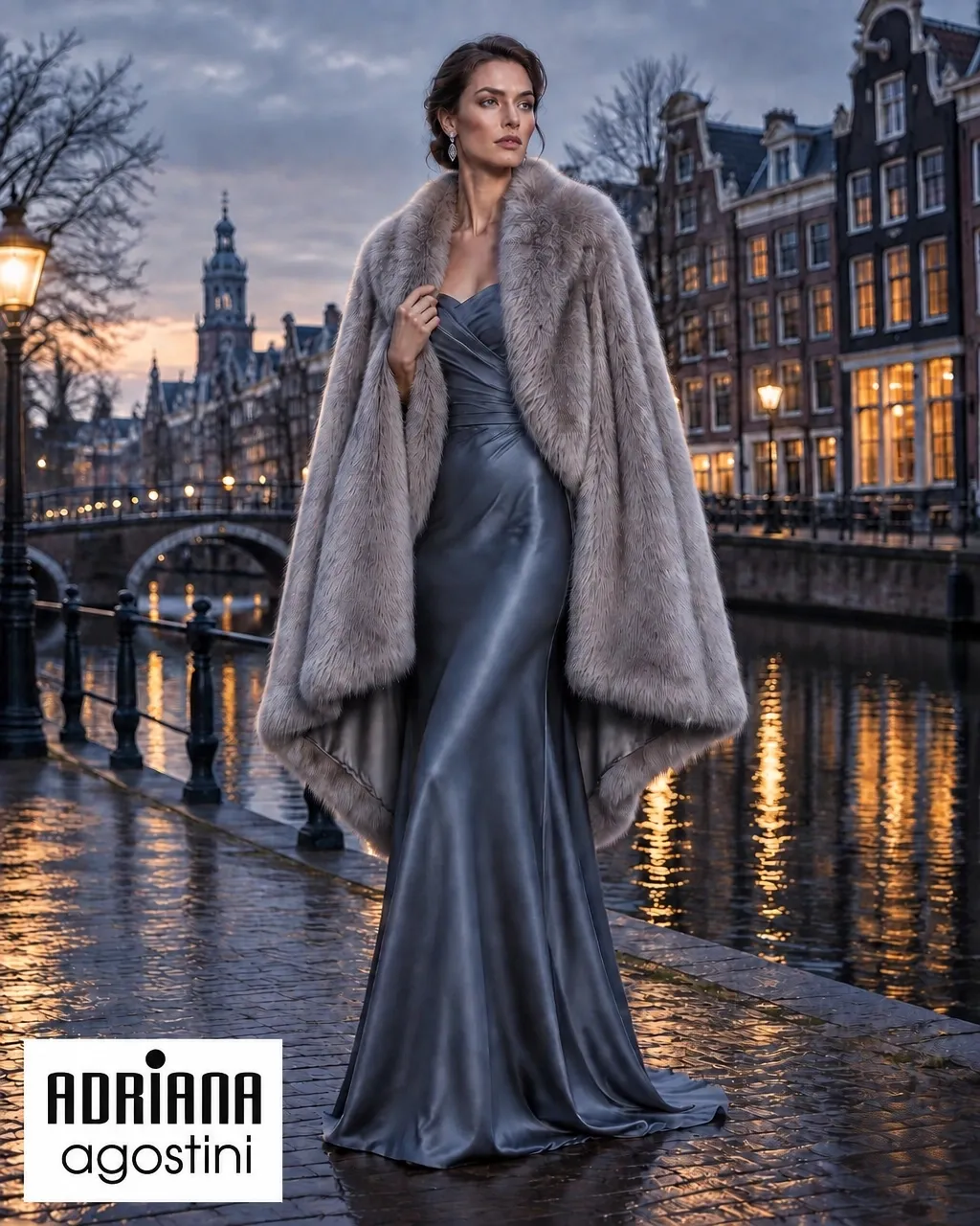 Winter fur cape over a silk gown on an Amsterdam canal at dusk