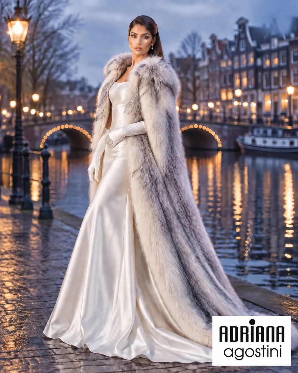 Winter fur cape worn over a white satin gown on an Amsterdam canal at dusk