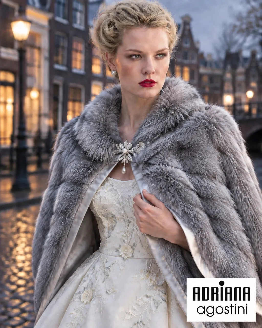 Close portrait of a silver-grey fur cape with a pearl brooch