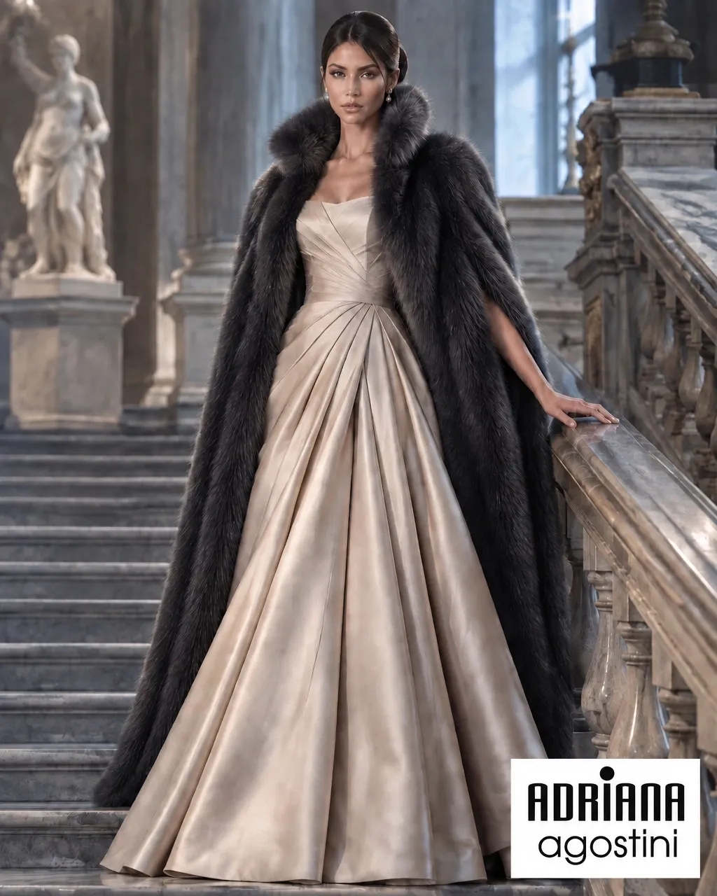 Dark fur cape with a champagne satin gown on a grand staircase