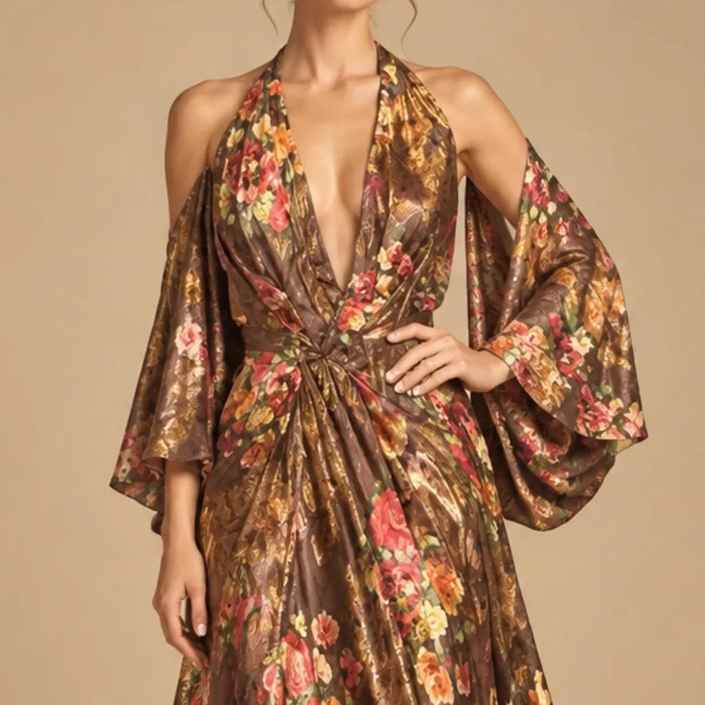 Close-up detail of the gown's halter bodice, knot waist and bell sleeve