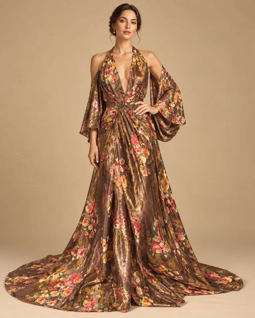 Ray Rose1 floral printed silk blend metallic gown
