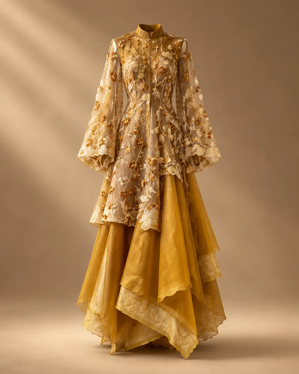 Golden embroidered silk and lace gown, single piece