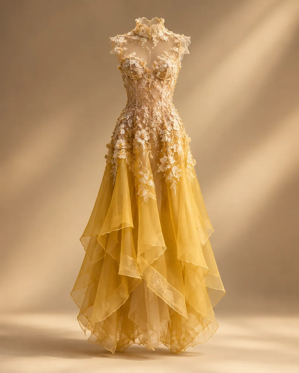 Yellow layered organza gown with floral embroidery, single piece